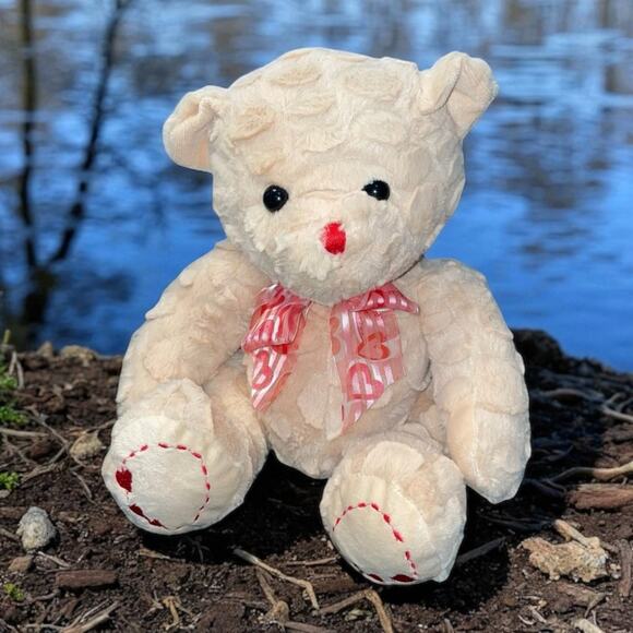 Goffa Teddy Bear Plush 11" Heart Bow Ribbon Embroidered Textured Nursery Toy - Picture 1 of 10